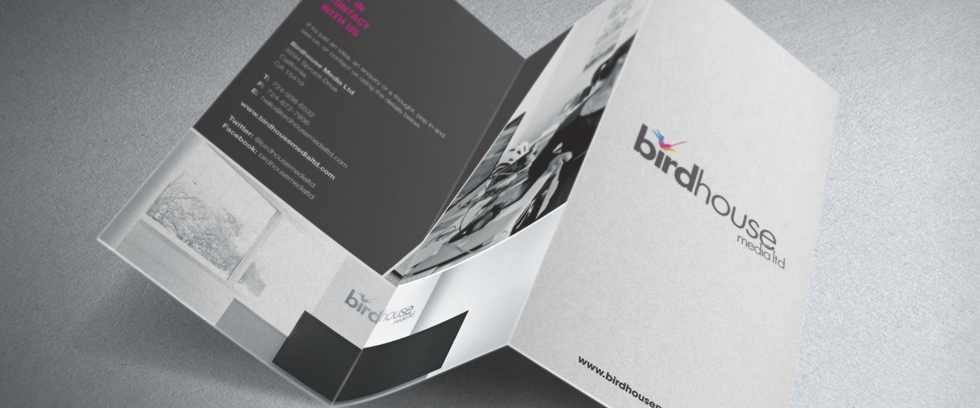 Brochure design for media company looking to market themselves. Trifold design with a clean modern layout.